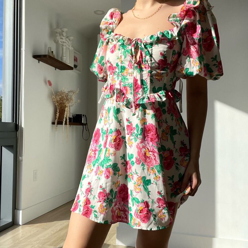 For Love and Lemons Corset Floral Dress with Puff Sleeves